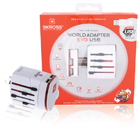 World travel adapter, 2-pole, with dual USB charger white